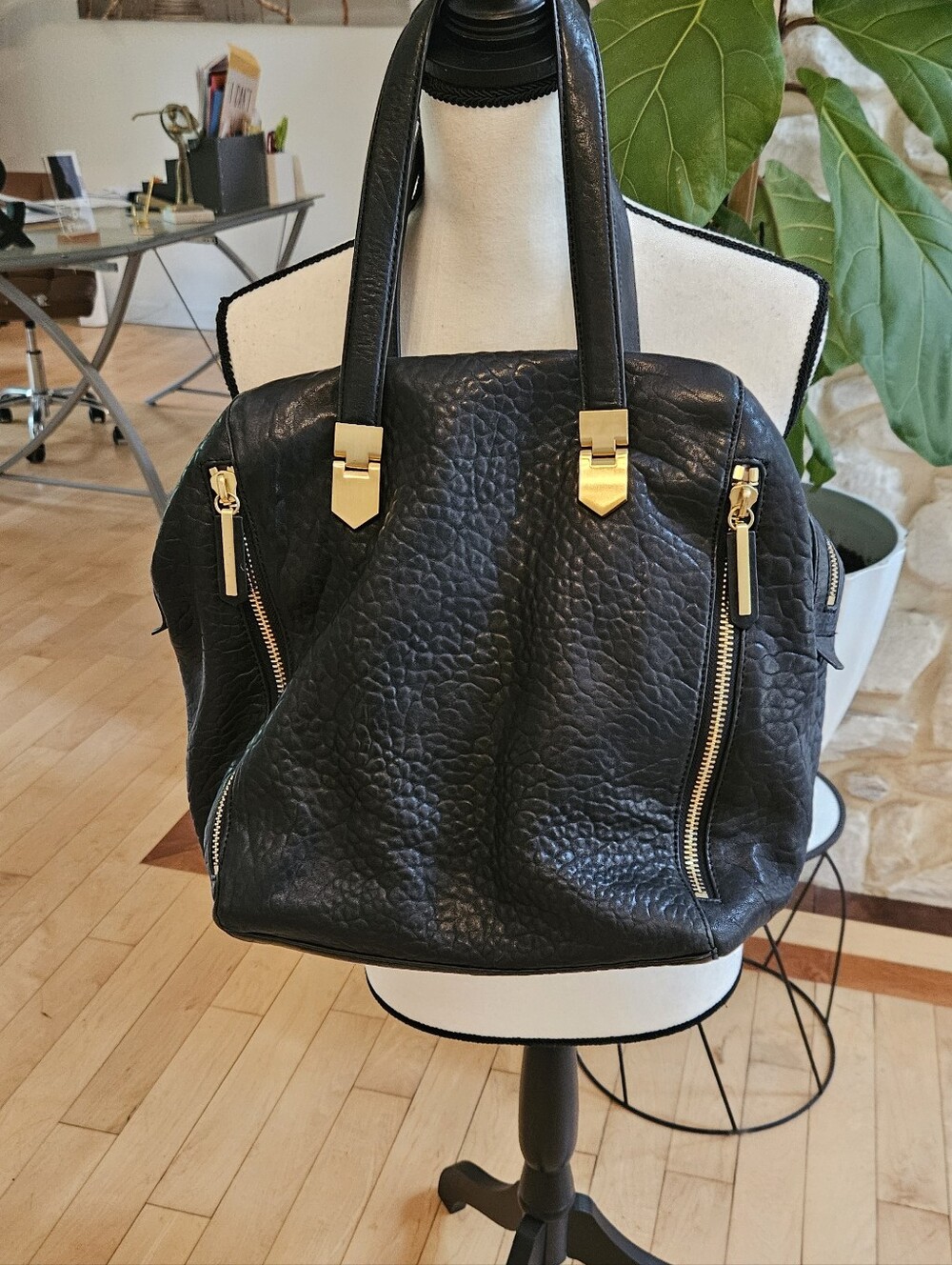 Allibelle Black  Pebbled Leather Tote Bag with Gold Hardware